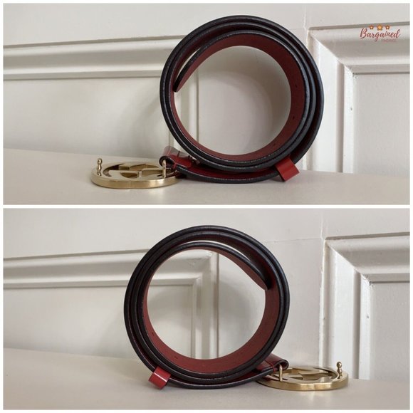 Authentic GUCCI Red Glossy Leather Gold Interlocking G Buckle Belt 80/32 - Picture 9 of 13